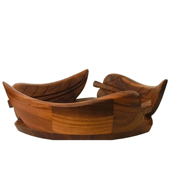 Vintage Solid Walnut Wood Mid Century Modern Bowl Leaf Motif MCM Decorative - Picture 2 of 10